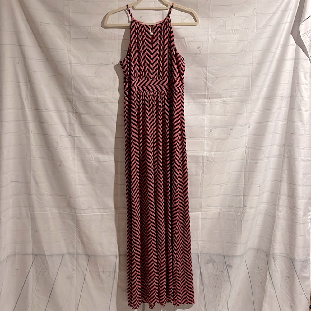 Beautiful Ann Taylor LOFT Pink Navy Chevron Maxi Dress Medium M Sleeveless